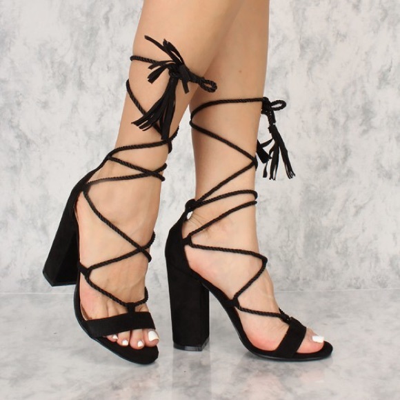 Black Open Toe Lace Up Chunky Heel - Picture 3 of 8